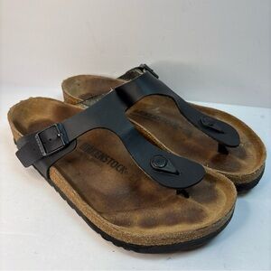 Birkenstock Gizeh Black Leather Sandals Women’s 8 39 EU Cork Footbed Germany